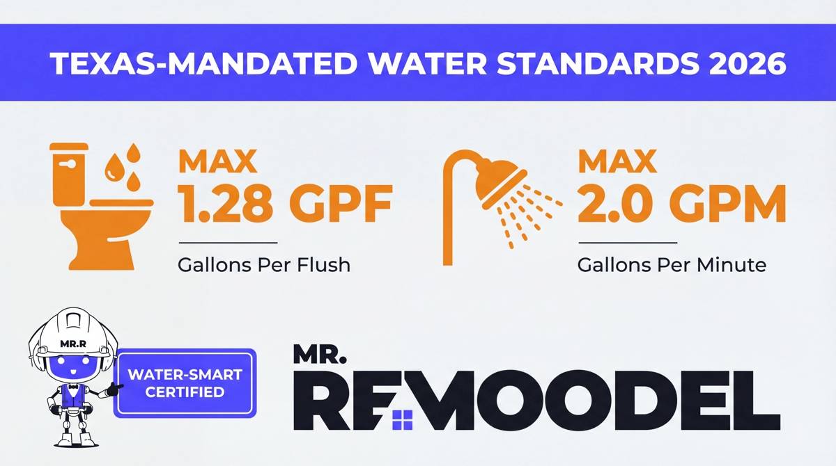 A technical infographic detailing Texas water-saving standards for bathrooms, highlighting the mandatory 1.28 gpf toilet and 2.0 gpm showerhead requirements for 2026.